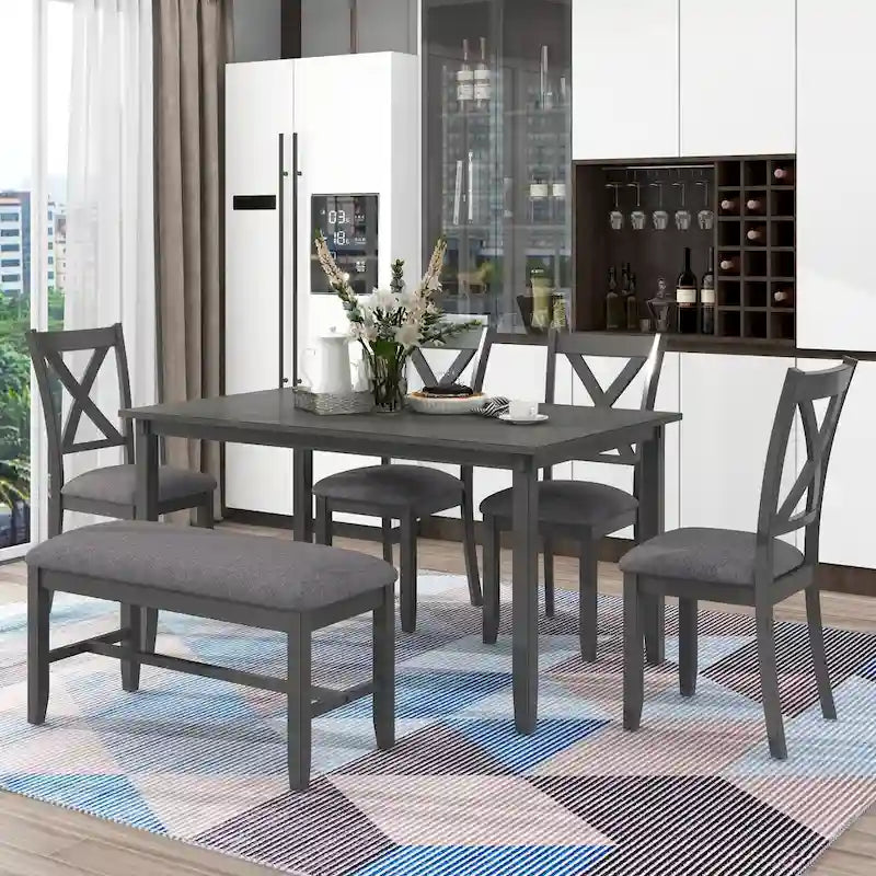 Nestfair 6-Piece Dining Table Set with 4 Fabric Chairs and Bench