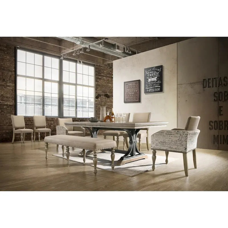 Roundhill Furniture Birmingham Nailhead 8-Piece Table with Nail Head Bench and Arm Chair Dining Set, Driftwood