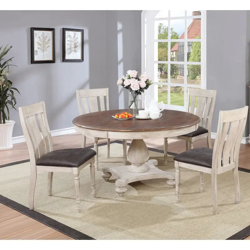 Roundhill Furniture Arch Weathered Oak Dining Set: Round Table, Four Chairs
