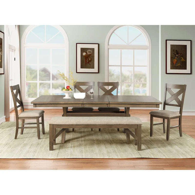 Ensemble de salle à manger 6 pièces Roundhill Furniture Raven Wood, table avec 4 chaises et banc, pin glacé marron