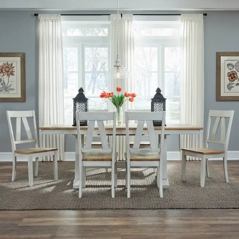 Ensemble de 7 meubles de table à tréteaux Lindsey Farm, blanc vieilli et grès