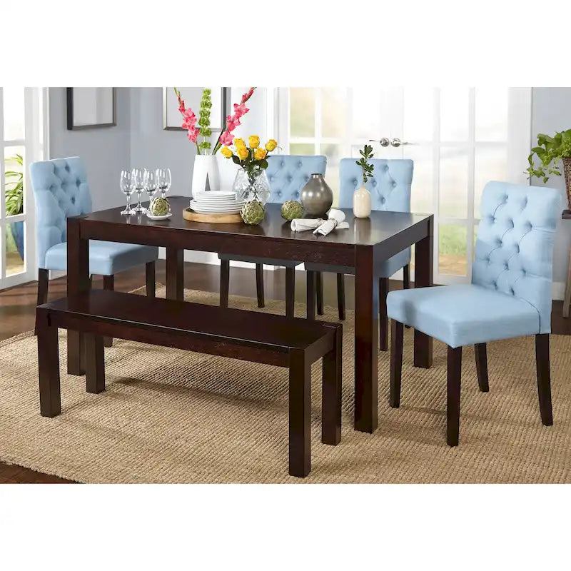 Ensemble de salle à manger 6 pièces Simple Living Annie Espresso, en hévéa gris et tissu, avec banc
