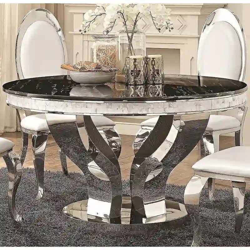 Ensemble de salle à manger rond chromé, design moderne et luxueux, avec plateau en marbre