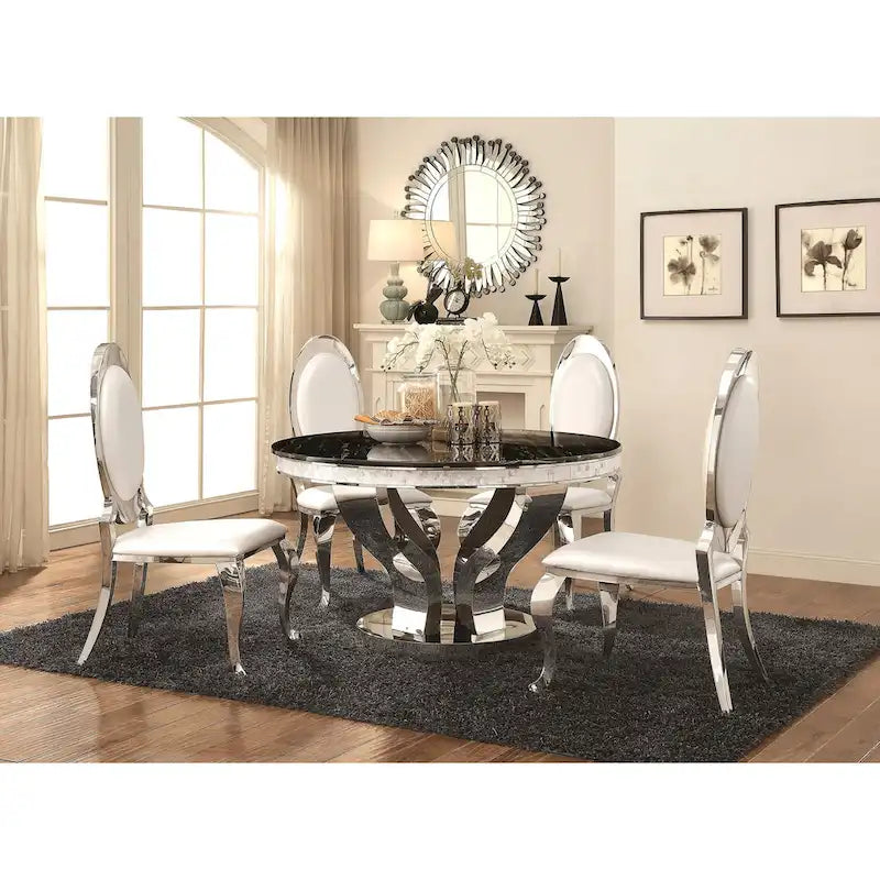 Ensemble de salle à manger rond chromé, design moderne et luxueux, avec plateau en marbre