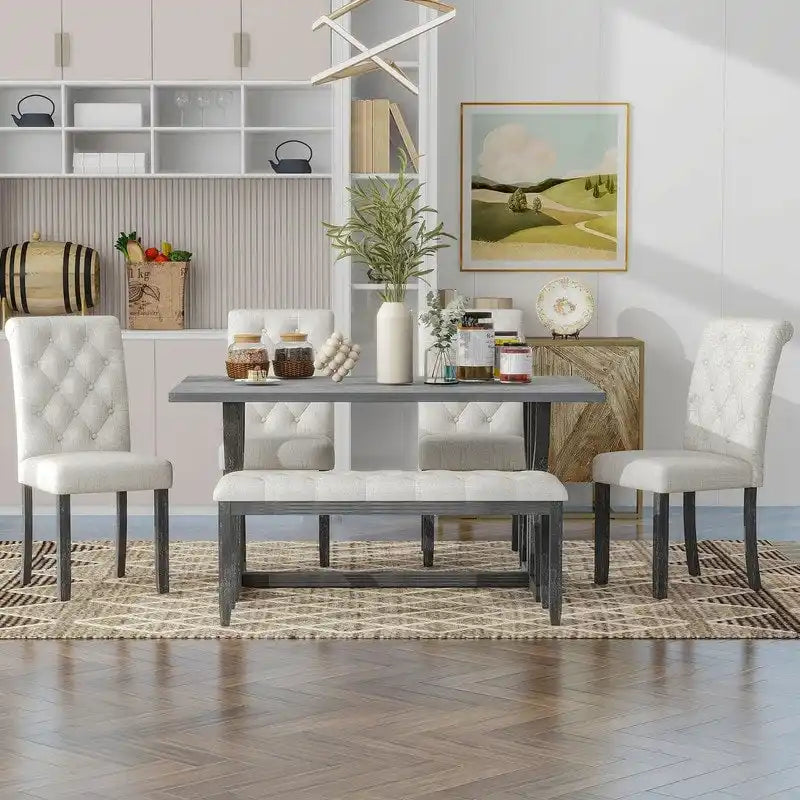 Ensemble de salle à manger rectangulaire rétro 6 pièces, table avec pieds uniques et 4 chaises rembourrées et 1 banc pour salle à manger