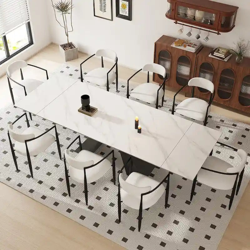 110.24 Inch Modern Minimalist 9 - Piece Extendable Sintered Stone Top Double Pedestal Dining Set
