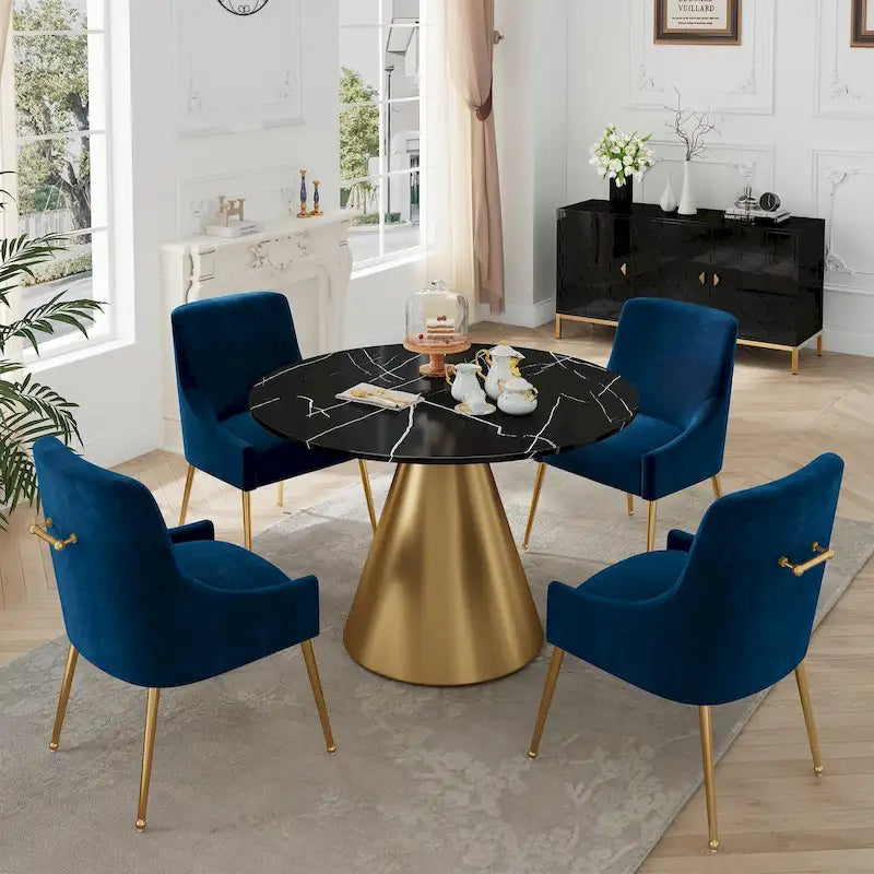 Ensemble de table à manger 5 pièces Clihome à plateau en marbre noir avec chaises en velours