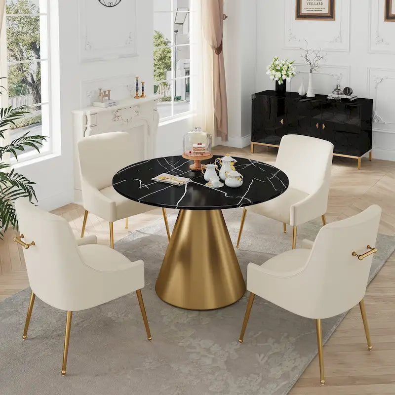 Ensemble de table à manger 5 pièces Clihome à plateau en marbre noir avec chaises en velours