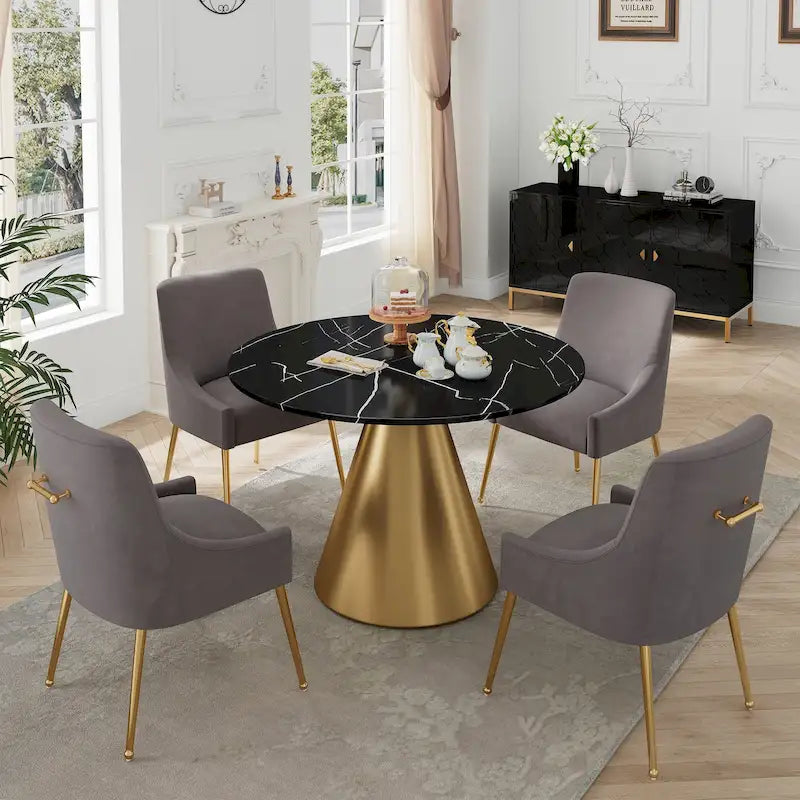 Ensemble de table à manger 5 pièces Clihome à plateau en marbre noir avec chaises en velours