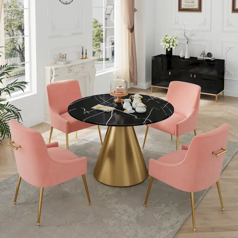 Ensemble de table à manger 5 pièces Clihome à plateau en marbre noir avec chaises en velours
