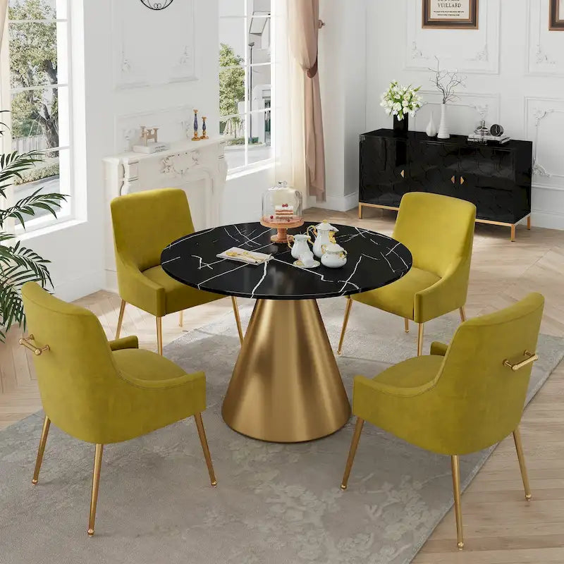 Ensemble de table à manger 5 pièces Clihome à plateau en marbre noir avec chaises en velours