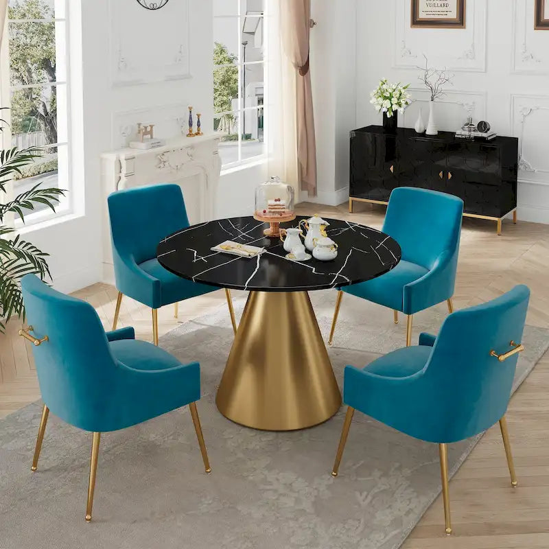 Ensemble de table à manger 5 pièces Clihome à plateau en marbre noir avec chaises en velours