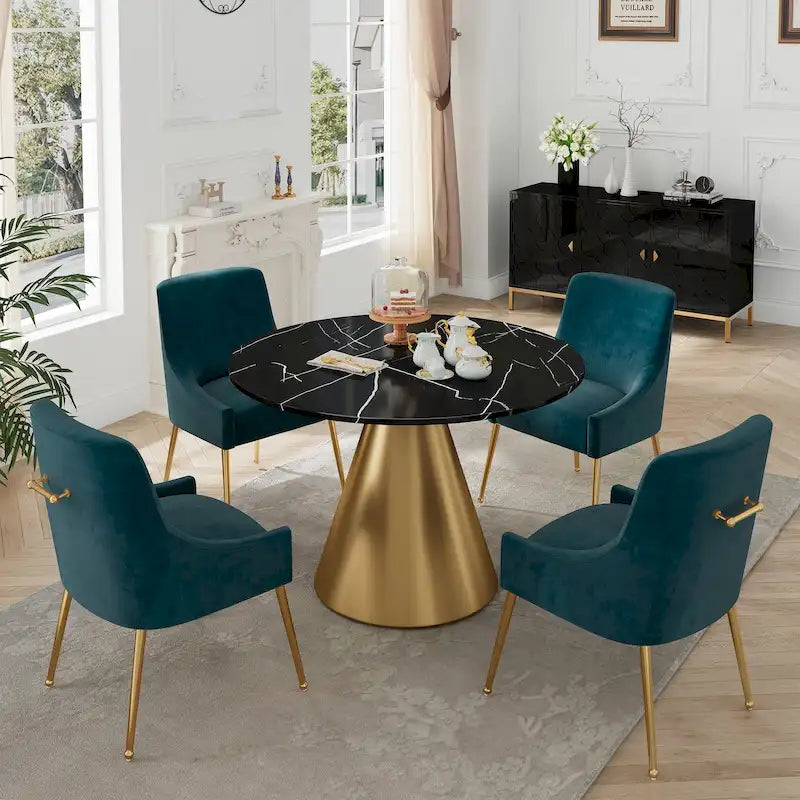 Ensemble de table à manger 5 pièces Clihome à plateau en marbre noir avec chaises en velours