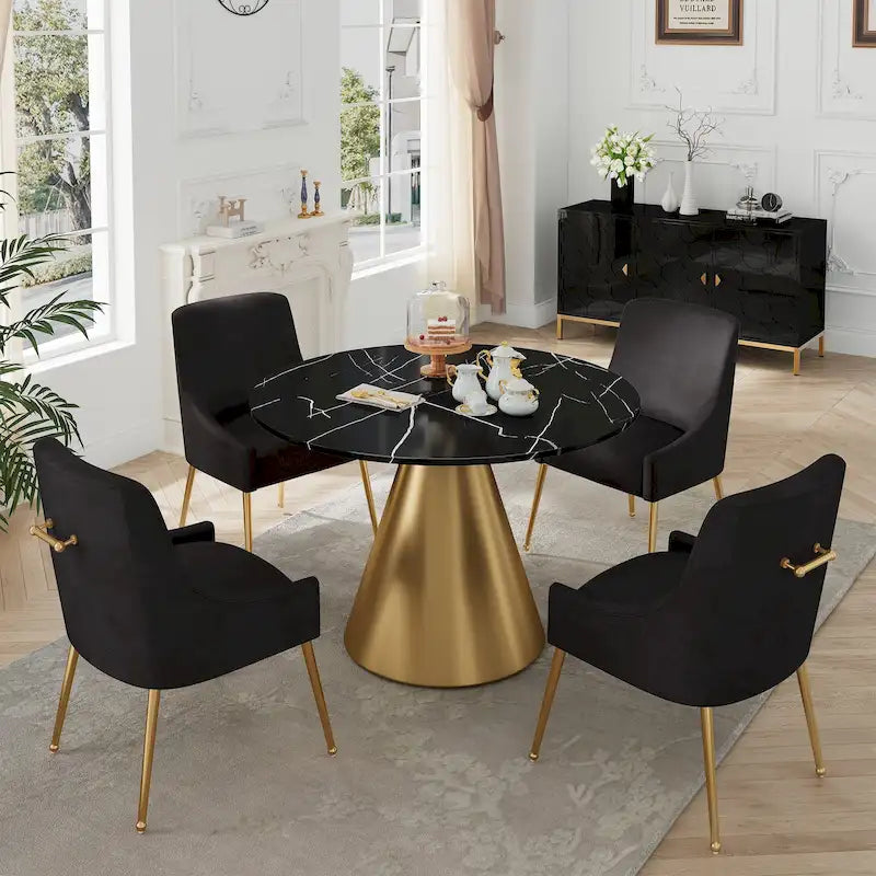 Ensemble de table à manger 5 pièces Clihome à plateau en marbre noir avec chaises en velours