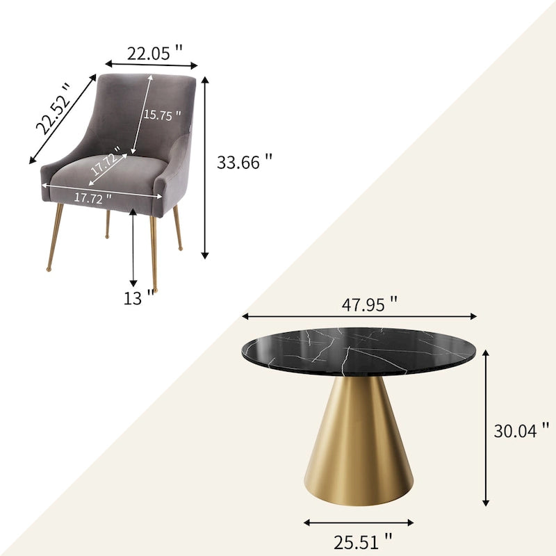 Ensemble de table à manger 5 pièces Clihome à plateau en marbre noir avec chaises en velours