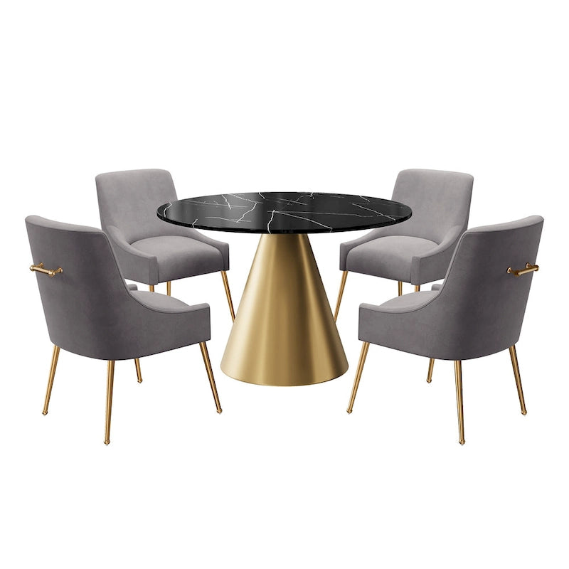 Ensemble de table à manger 5 pièces Clihome à plateau en marbre noir avec chaises en velours