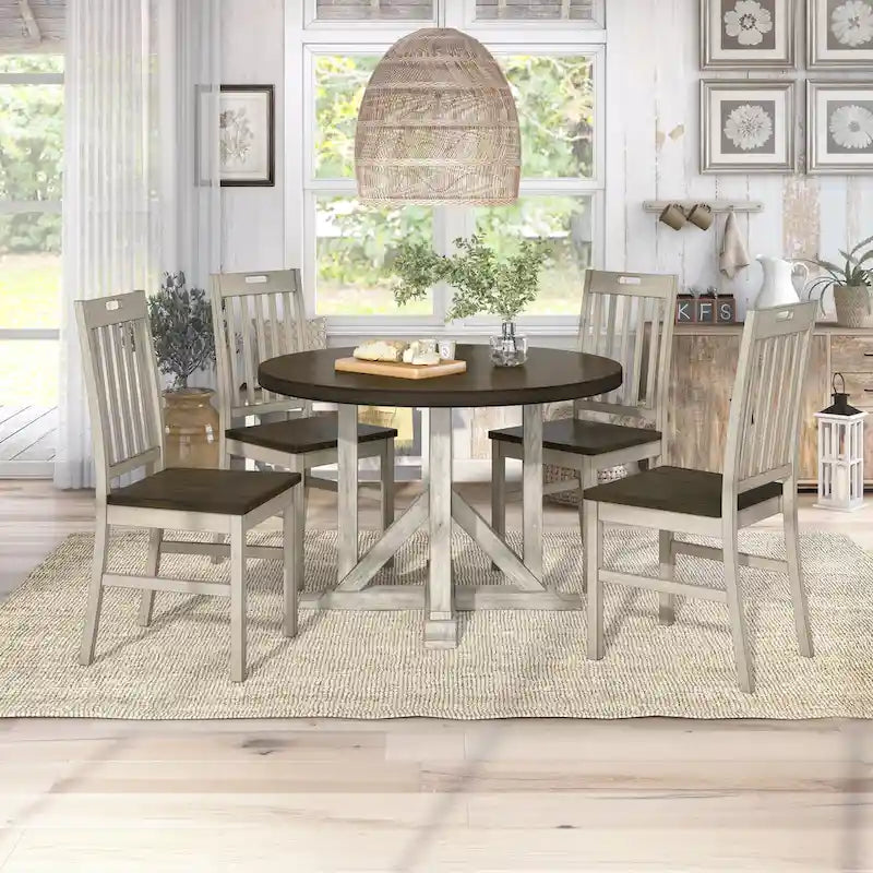 Ensemble de salle à manger 5 pièces en bois massif chêne foncé et blanc antique Derry Farmhouse par Furniture of America