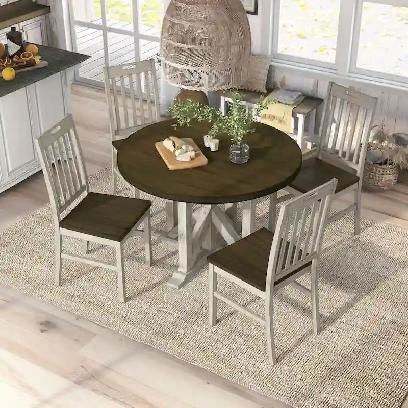 Ensemble de salle à manger 5 pièces en bois massif chêne foncé et blanc antique Derry Farmhouse par Furniture of America