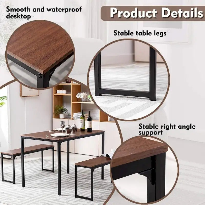 Ensemble de table de cuisine 3 pièces avec deux bancs, ensemble de salle à manger 4 places