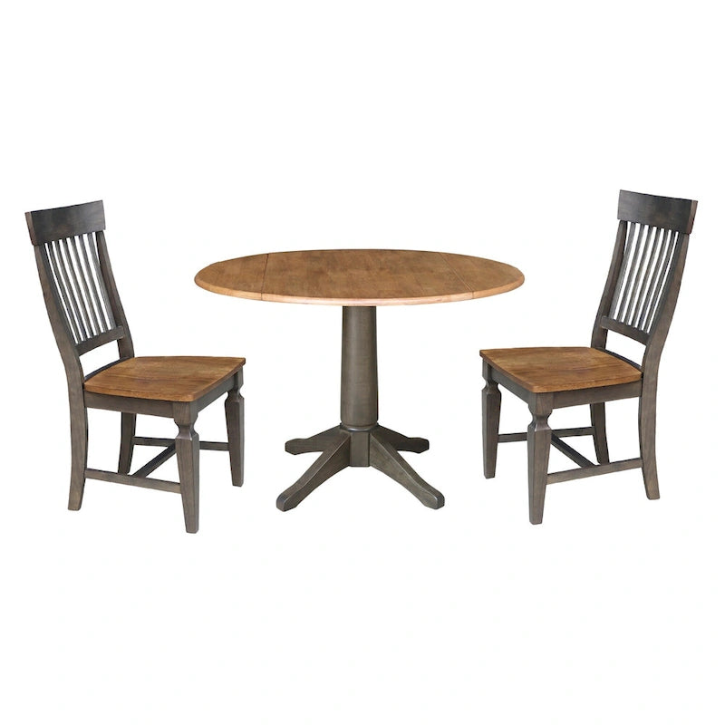 Table de salle à manger ronde à deux rallonges de 42 po avec 2 chaises à dossier ajouré en hickory/charbon délavé