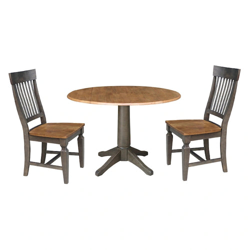 Table de salle à manger ronde à deux rallonges de 42 po avec 2 chaises à dossier ajouré en hickory/charbon délavé