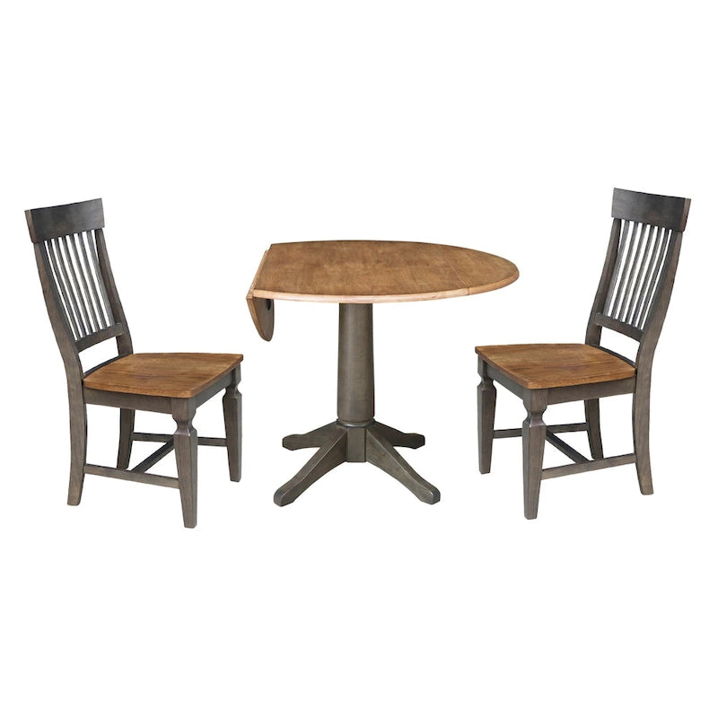 Table de salle à manger ronde à deux rallonges de 42 po avec 2 chaises à dossier ajouré en hickory/charbon délavé