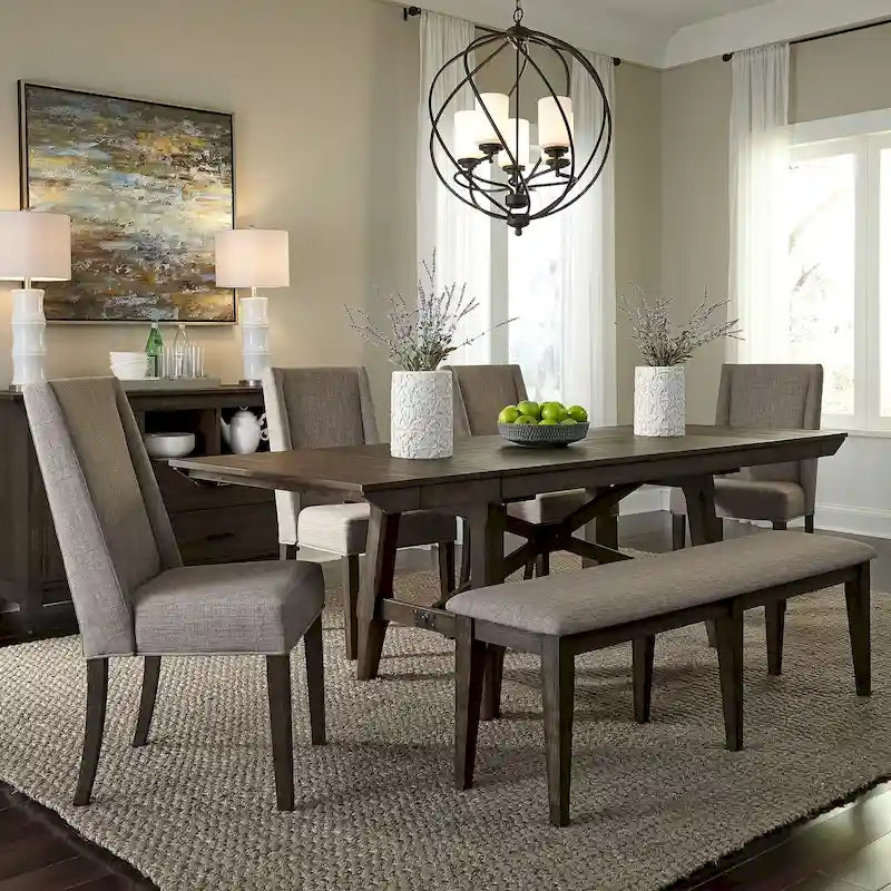 Ensemble de table à tréteaux Double Bridge Dark Chestnut, 6 pièces en option