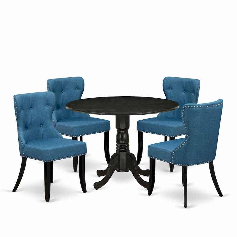 Ensemble de salle à manger East West Furniture – une table à manger ronde et des chaises en tissu de lin bleu, finition brossée noire (option de pièces)