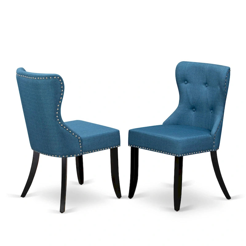 Ensemble de salle à manger East West Furniture – une table à manger ronde et des chaises en tissu de lin bleu, finition brossée noire (option de pièces)