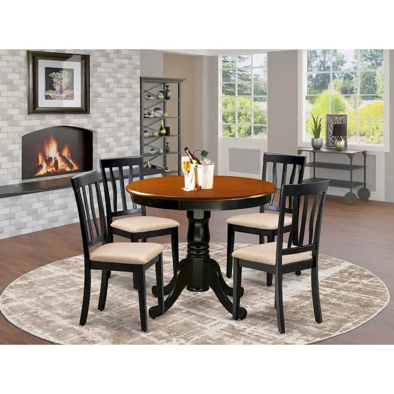 East West Furniture 5 Piece Dining Table Set- A Round Kitchen Table and 4 Dining Chairs, Black & Cherry (Seat Options)