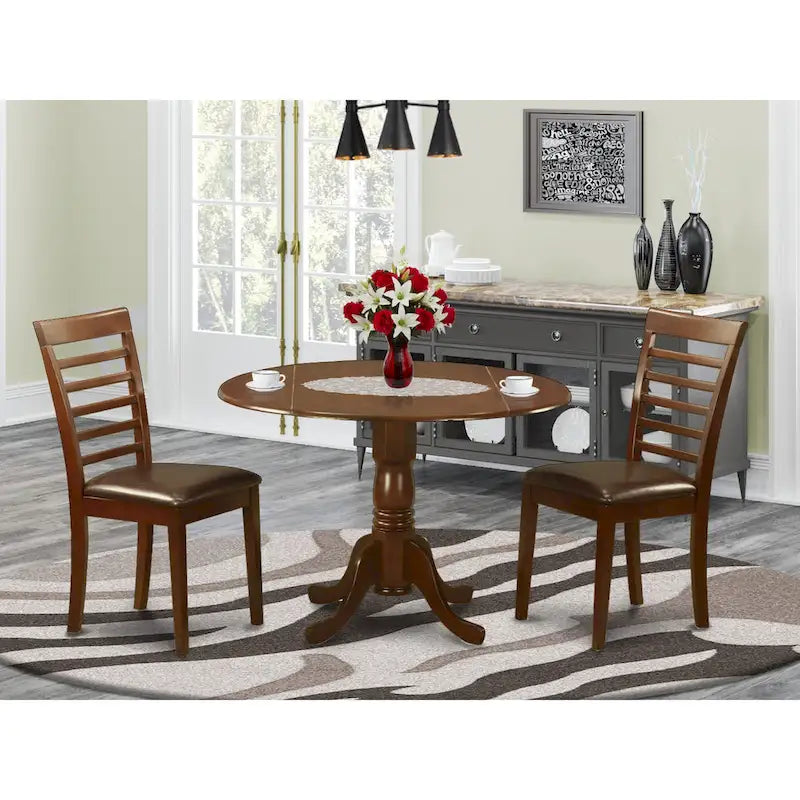 East West Furniture 3 Piece Modern Table Set- A Round Table with Dropleaf and 2 Kitchen Dining Chairs, Mahogany (Seats Option)