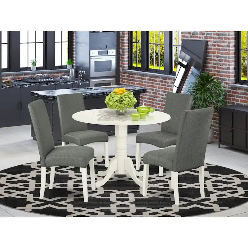 East West Furniture Modern Table Set- a Round Wooden Table and Gray Linen Fabric Dining Chairs, Linen White (Pieces Options)
