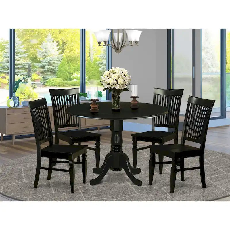 East West Furniture 5 Piece Dinette Set- a Round Dining Table with Dropleaf and 4 Dining Room Chairs, (Finish Options)