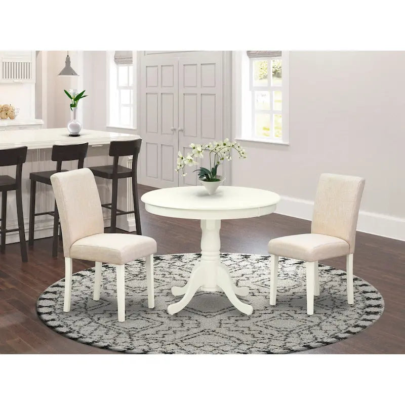 East West Furniture Dining Table Set- A Round Kitchen Table and Light Beige Linen Fabric Chairs, Linen White (Pieces Options)