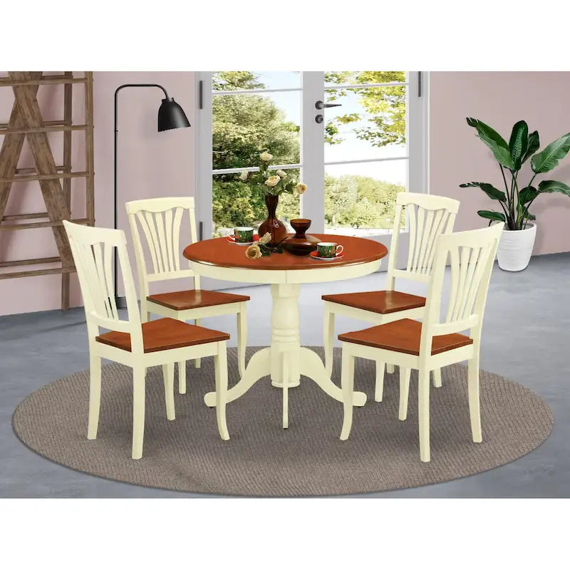 East West Furniture 5 Piece Dining Room Furniture Set- A Round Kitchen Table and 4 Dining Chairs, Buttermilk & Cherry