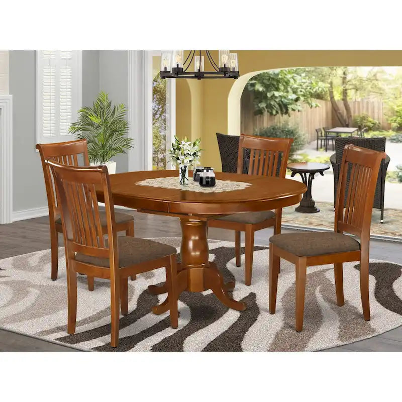 East West Furniture 5 Piece Dinette Set- an Oval Dining Table and 4 Solid Chairs, Saddle Brown(Seat Type Options)