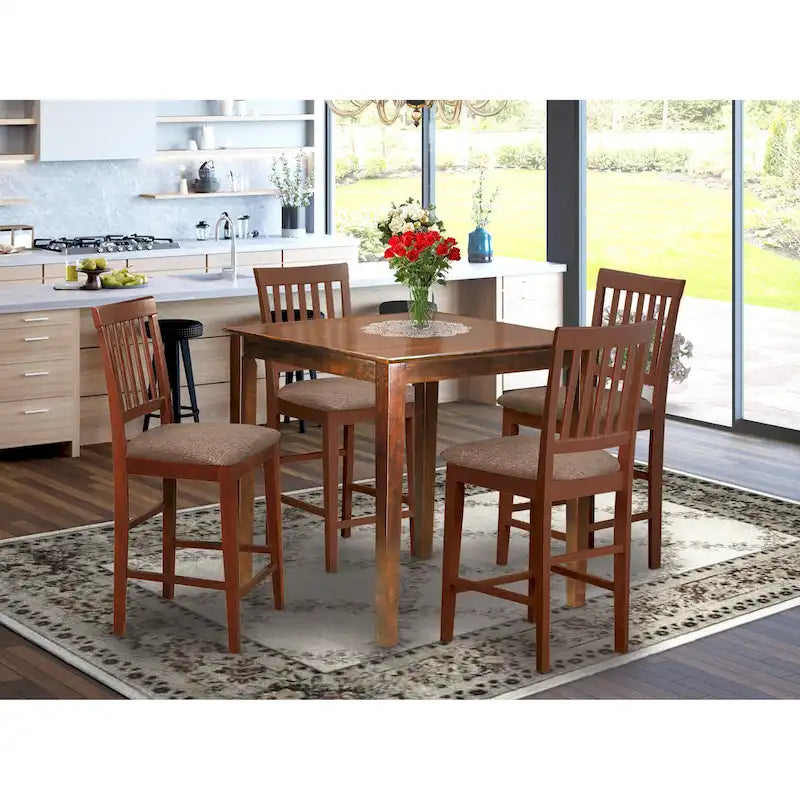 East West Furniture 5 Piece Counter Height Dining Table Set- a Square Table and 4 Kitchen Chairs, Mahogany(Seat Type Options)