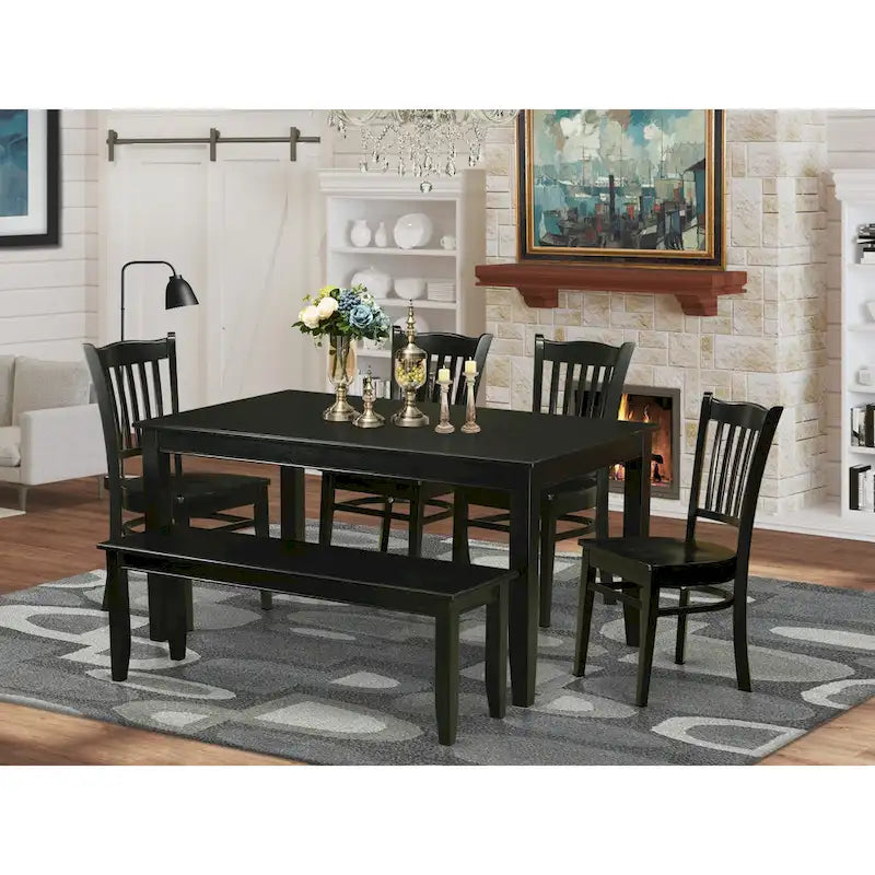 East West Furniture DUGR6-BLK-W 6 Piece Dining Table Set- a Rectangle Kitchen Table and 4 Dining Room Chairs with a Bench, Black