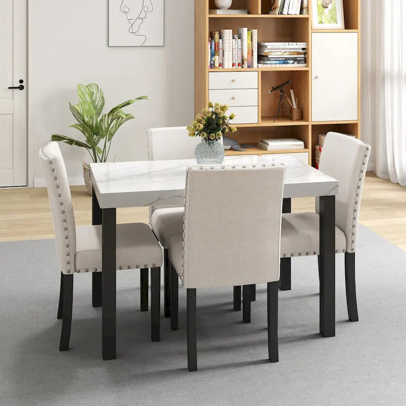 Ensemble de salle à manger 5 pièces avec plateau en imitation marbre
