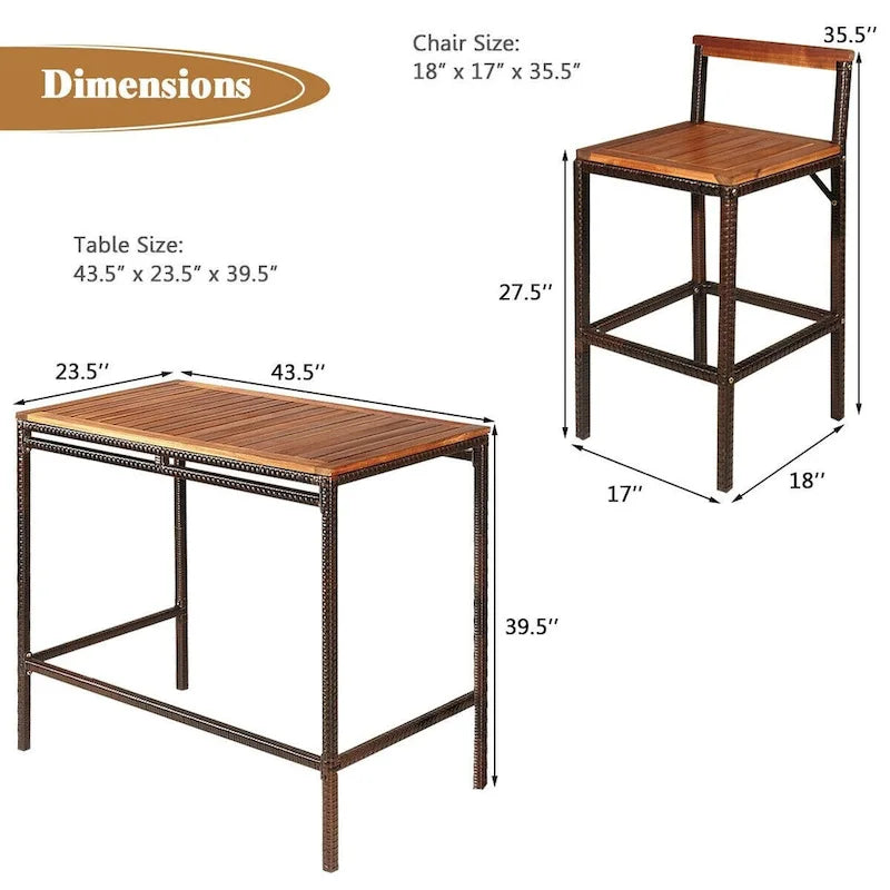 Ensemble de 3 meubles de salle à manger/bar en rotin pour terrasse