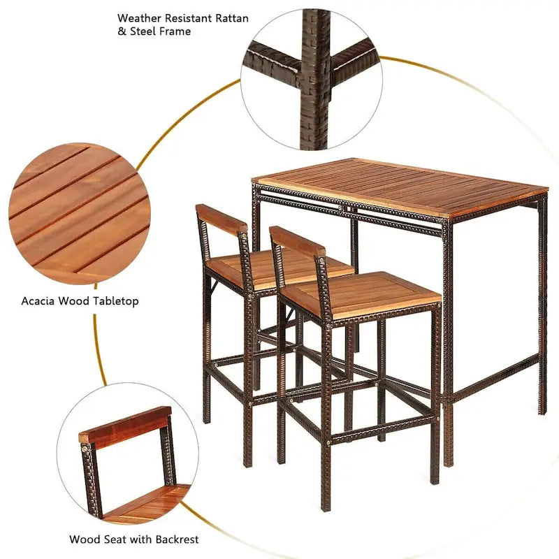 Ensemble de 3 meubles de salle à manger/bar en rotin pour terrasse