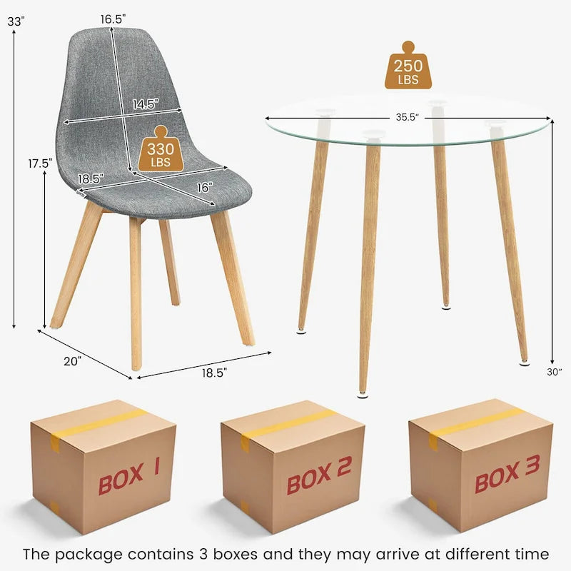 Gymax Ensemble de salle à manger 5 pièces Table ronde en verre trempé 4 chaises en tissu