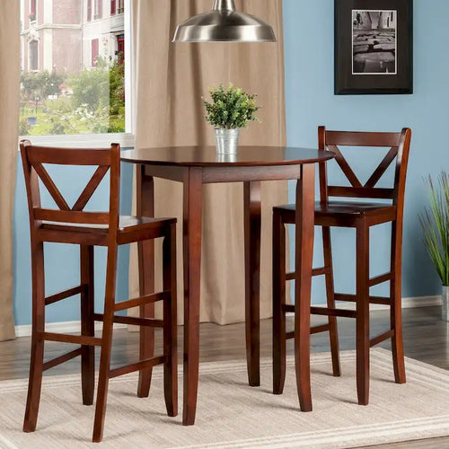 Table haute 3 pièces avec tabourets de bar à dossier en V, noyer