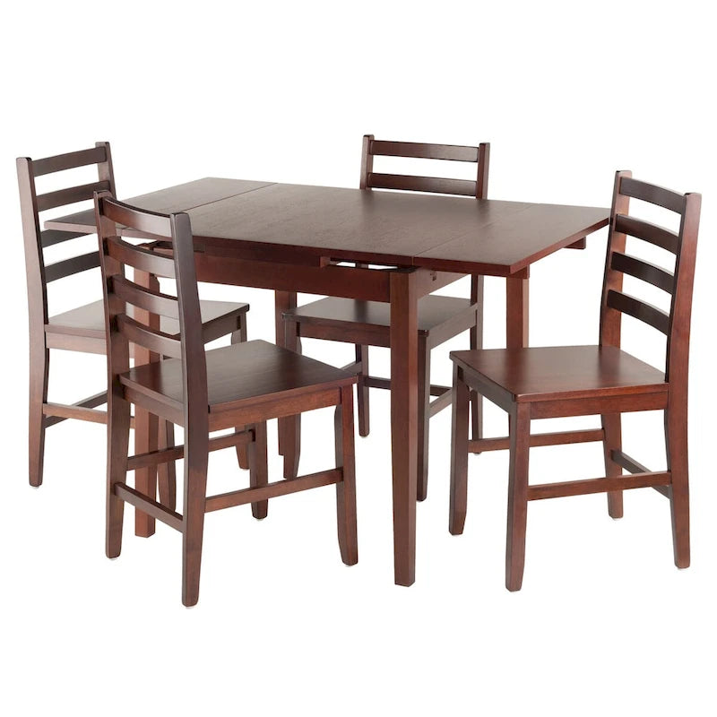 Table extensible 5 pièces avec chaises à dossier ajouré, Noyer
