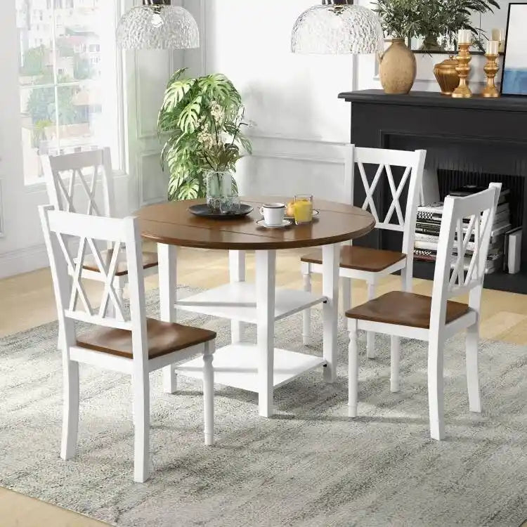 Ensemble de salle à manger rond à abattants avec 4 chaises en finition bois blanc/noyer