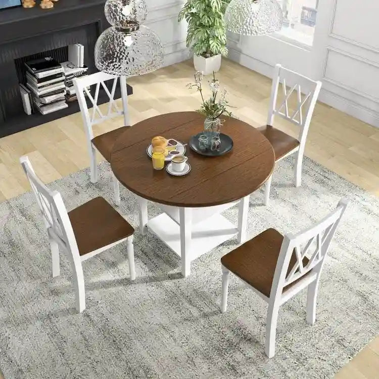 Ensemble de salle à manger rond à abattants avec 4 chaises en finition bois blanc/noyer