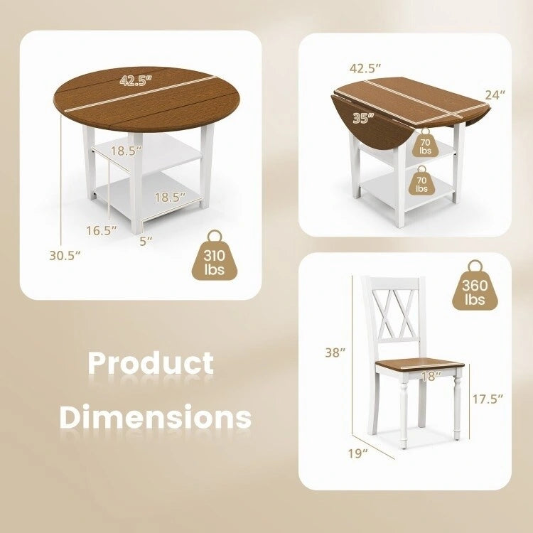 Ensemble de salle à manger rond à abattants avec 4 chaises en finition bois blanc/noyer
