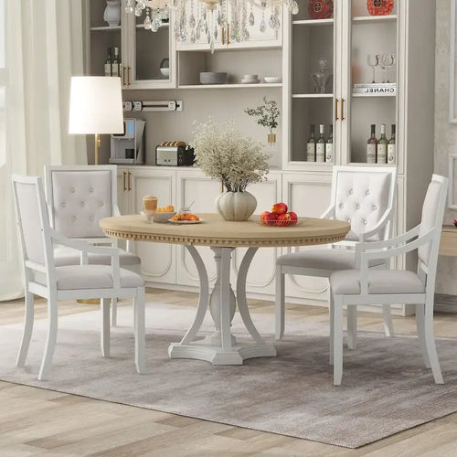 5-Piece Dining Set Extendable Round Dining Table and 4 Upholstered Back Chairs for Kitchen Dining Room
