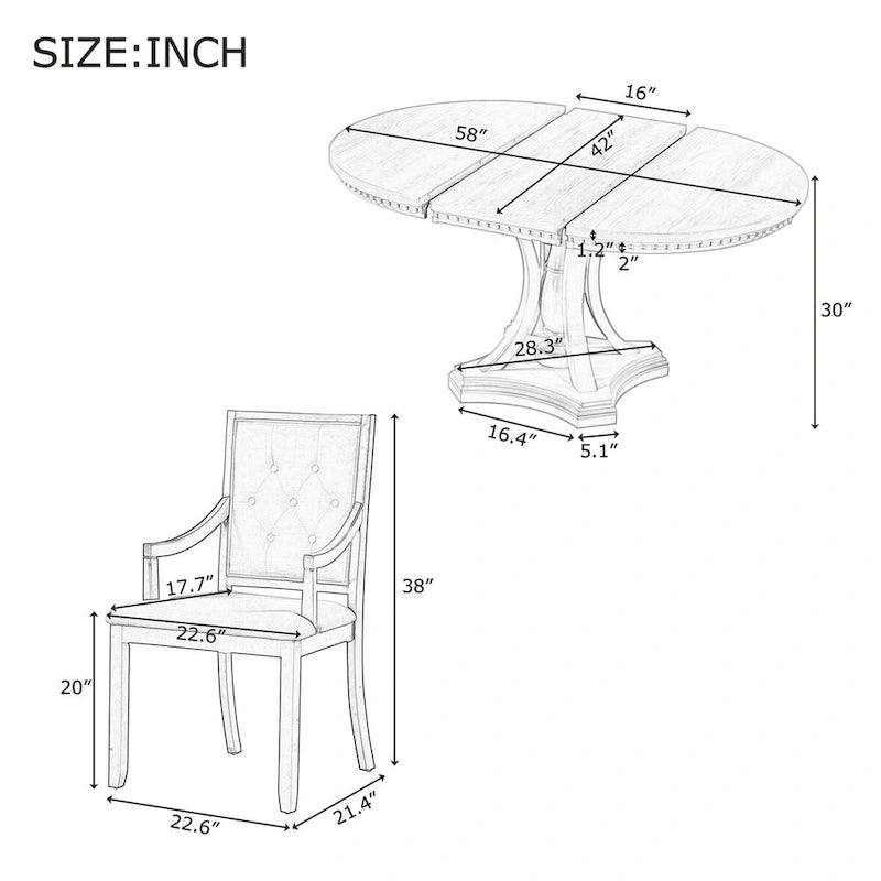 Ensemble de salle à manger 5 pièces avec table à manger ronde extensible et 4 chaises rembourrées pour cuisine et salle à manger