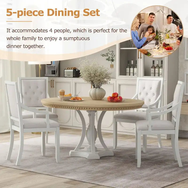 Ensemble de salle à manger 5 pièces avec table à manger ronde extensible et 4 chaises rembourrées pour cuisine et salle à manger